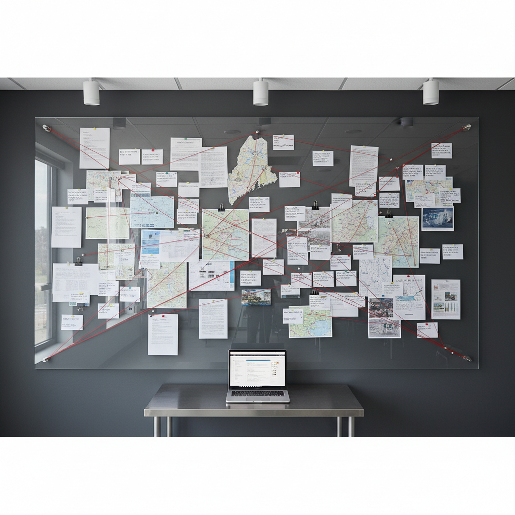 A large, frameless glass board mounted on a matte charcoal wall is covered in printed documents, maps of Maine, red string connections, and neatly labeled index cards, all carefully arranged into a sprawling investigation diagram. Metal pushpins and small binder clips catch the light, while a sleek laptop glows softly on a nearby steel table beneath the board. Cool white overhead office lighting combines with faint window daylight, creating gentle reflections on the glass and clear, legible details. Captured from a slightly wide, eye‑level perspective with sharp focus throughout, the composition emphasizes structure and clarity. The atmosphere is methodical and analytical, in photographic realism, embodying rigorous, unbiased investigative journalism.