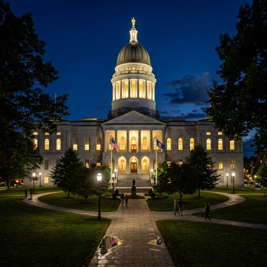 Maine State House lit up at night with glowing windows and flags outside